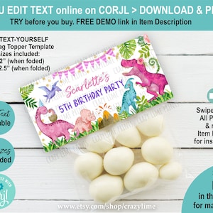 Editable Girl Dinosaur Candy Treat Bag Topper Personalised Template. Pink Trex Kids Party Favors Goody Gift Bag Tag Digital Download K017