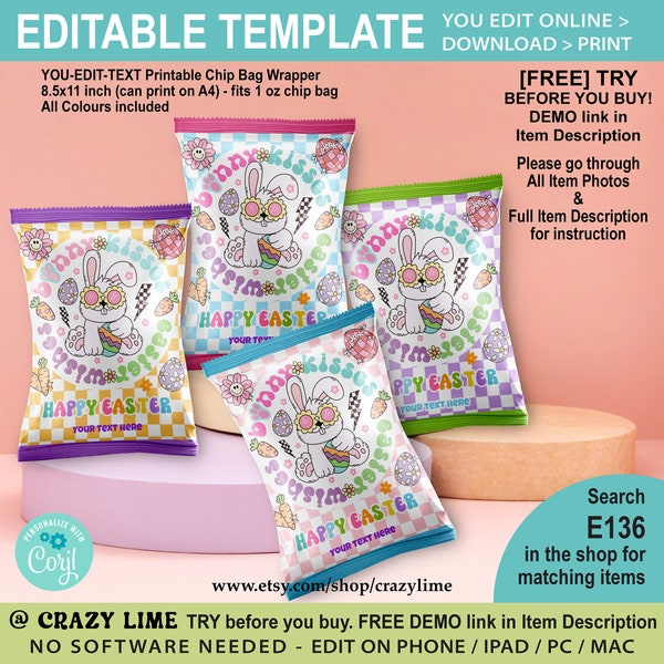 EDITABLE Happy Easter Chip Bag Template. Groovy Retro Bunny KIss Easter and Wish Party Favors. Personalised Text Name Candy Treat Label E136