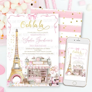 EDITABLE Paris Birthday Party Invitation. French Parisian Cafe Afternoon Tea Party. Pink Gold Ooh La La Patisserie Mademoiselle Invite K151