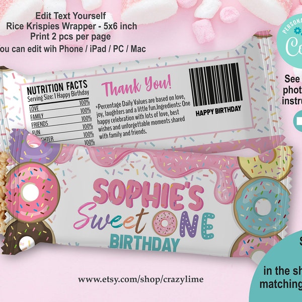 Donut Sweet One Rice Krispie Wrapper Template. EDITABLE Treat Label Personalised Printable Donut 1st Birthday Party Favour. Pastel 2039