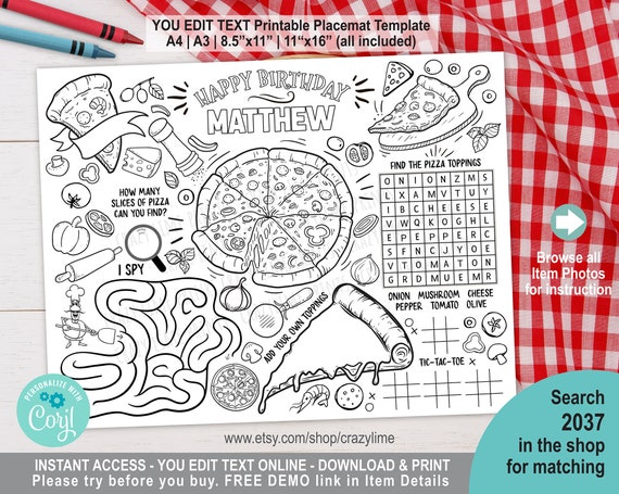 EDITABLE Pizza Birthday Party Placemat. Personalised Coloring & Game Table Decoration. Kid Girl Favors. Printable Digital File. Corjl 2037