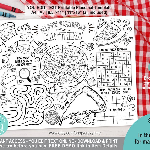 EDITABLE Pizza Birthday Party Placemat. Personalised Coloring & Game Table Decoration. Kid Girl Favors. Printable Digital File. Corjl 2037