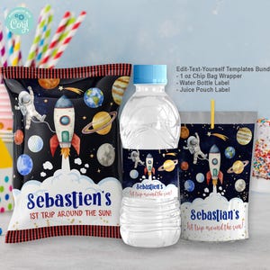 May include: A set of printable party favour labels featuring a space-themed design with a rocket, planets, and stars. The labels are personalised with the name "Sebastien's" and the text "1st Trip Around The Sun!" The set includes labels for crisp bags, water bottles, and juice pouches.