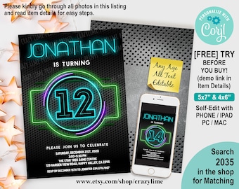 EDITABLE Boy 12th Birthday Invitation Template. Personalised Neon Glow In The Dark Party. Digital Printable Invite. Any Age Kid Teen 2035