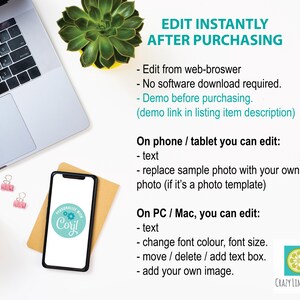May include: A laptop, smartphone, and succulent plant are arranged on a white surface. The smartphone displays the "Personalize with Corjl" logo. Text on the image reads "Edit Instantly After Purchasing" and details editing options.