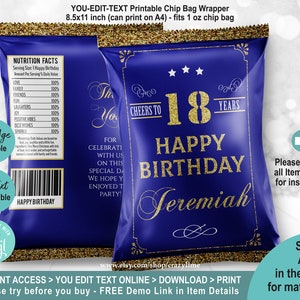 EDITABLE Cheers to 18 Years 18th Birthday Chip Bag Wrapper. Blue and Gold Vintage Classic Man Snack Bag Party Favor. Printable Digital AB126