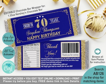 EDITABLE 70th Birthday Chocolate Candy Bar Wrapper Personalised Template. Printable Adult Man Birthday Party Favor Treat Label Blue AB126
