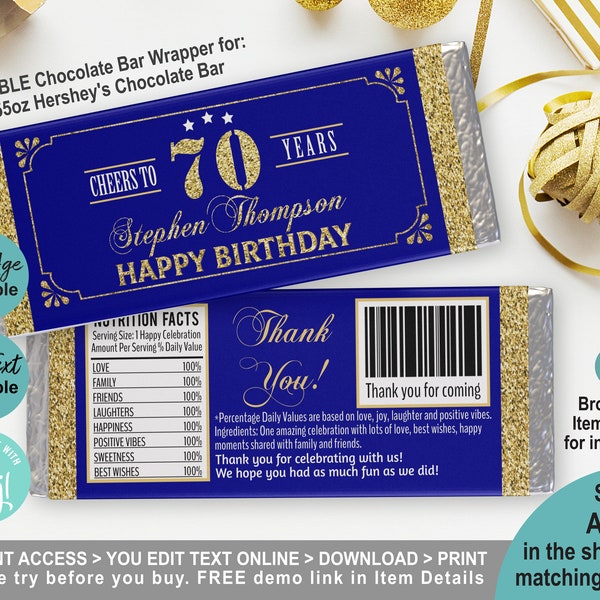 EDITABLE 70th Birthday Chocolate Candy Bar Wrapper Personalised Template. Printable Adult Man Birthday Party Favor Treat Label Blue AB126