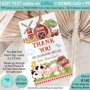 EDITABLE Farm Animals Party Favor Gift Tag. Rectangular Label Goody Sticker. Barnyard Farm Barn House. Printable Personalised File. K140
