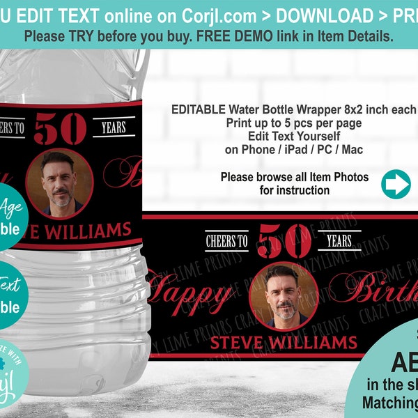 EDITABLE 50th Birthday Water Bottle Label Template. Printable Red & Black Cheers to 50 Years Photo Party Favors Personalised Wrapper AB126