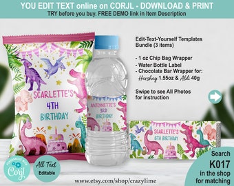 EDITABLE Girl Dinosaur Birthday Party Favors Bundle Set of 3 Templates. Printable Pink T-rex Chip Bag Chocolate Water Treat Snack Label K017
