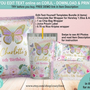 EDITABLE Butterfly Girl Birthday Party Favors Bundle Set of 4 Templates. Printable Girl Treats Chip Bag Chocolate. Pastel Rainbow Gold K014