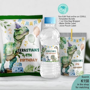 May include: A printable set of dinosaur-themed party supplies for a 4th birthday. The set includes a chip bag wrapper, a water bottle label, and a juice pouch label. The labels feature a green dinosaur with a party hat and the text "Sebastian's 4th Birthday".