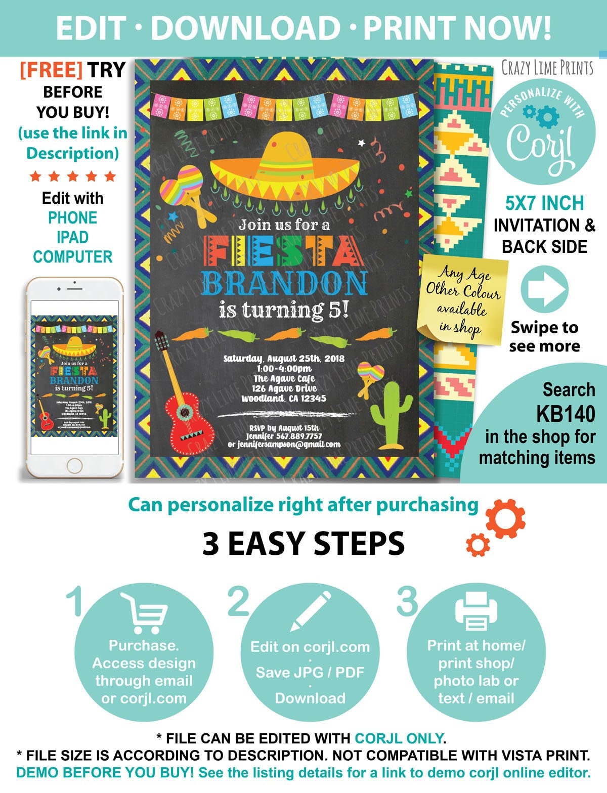 Paper Invitations Paper &amp; Party Supplies Self editable- Fiesta Birthday ...