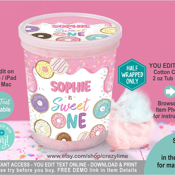 EDITABLE Donut Sweet One Cotton Candy 2 oz Tub Label. Personalised Party Favor Container Wrapper Printable Girl 1st Birthday. Corjl 2039