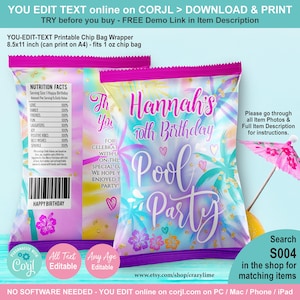 Girl Pool Birthday Party Chip Bag Wrapper Template. Pastel Tie Dye Rainbow Personalised Name Kid Party Favor. Printable Crisp Label S004