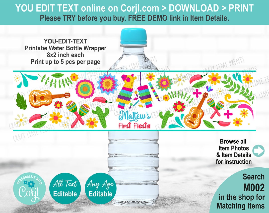 EDITABLE Fiesta 1st Birthday Party Water Bottle Label Template ...