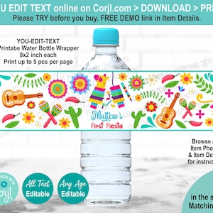 EDITABLE Fiesta 1st Birthday Party Water Bottle Label Template. Printable Mexican Party Favors Personalised Drink Wrapper M002