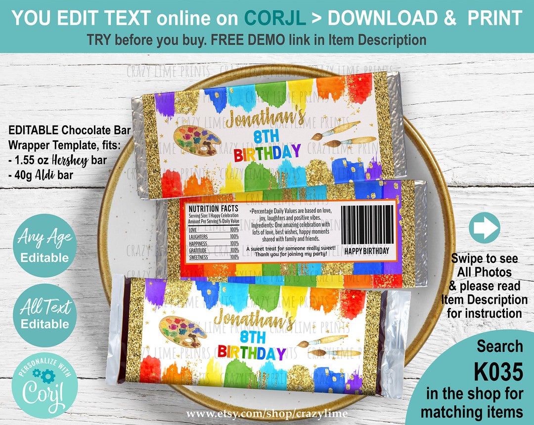 EDITABLE Art Party Birthday Chocolate Candy Bar Wrapper. Personalised ...