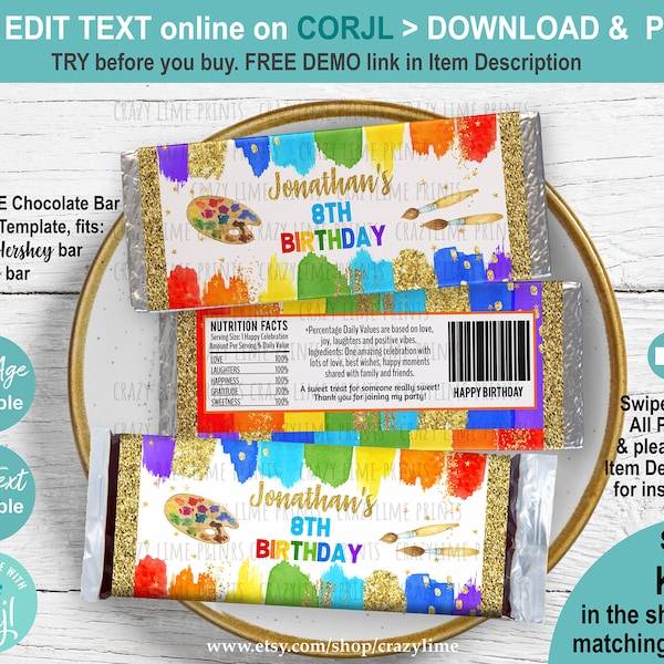 EDITABLE Art Party Birthday Chocolate Candy Bar Wrapper. Personalised Name Age Template. Bright Rainbow Painting Favor Treat Label K035
