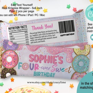 Donut Fourever Sweet Rice Krispie Wrapper Template. EDITABLE Treat Label Personalised 4th Birthday Party Favor. Pink Pastel Sprinkle 2039