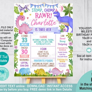EDITABLE Girl Dinosaur Three-rex 3rd Birthday Milestone Poster Editable Template. Pink Dino Party Decoration Printable Digital File. K012