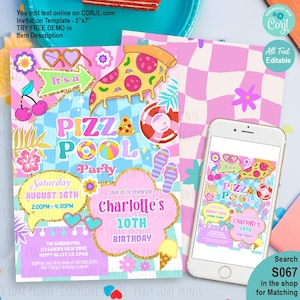 May include: A colorful invitation template for a "Pizza Pool Party" with a pizza slice, cherries, and a life preserver. The invitation is 5"x7" and features the text "Charlotte's 10th Birthday" and event details. A smartphone displays the invitation design.