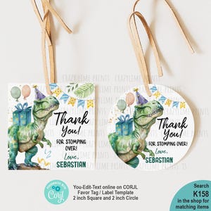 EDITABLE Dinosaur Party Favors Tag. Birthday Thank You Label Template. Realistic Dino Gift Bag 2 inch Round Circle & Square Sticker. K158