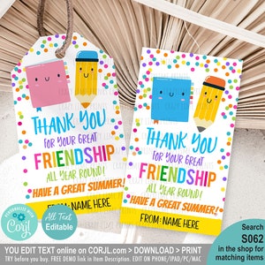 End of School Year Thank You for Your Friendship Stationary Gift Tag Label EDITABLE Template. Kids Classroom Classmates Cute Printable S062