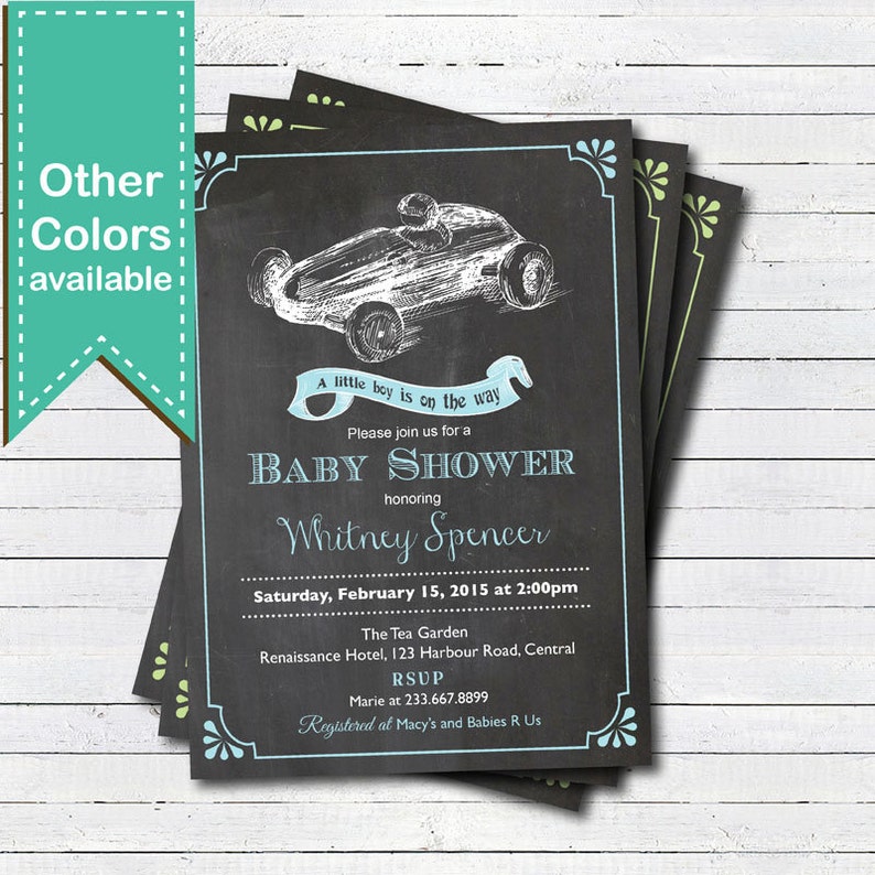 Retro Race Car Baby Boy Shower Invitation Retro Chalkboard Etsy