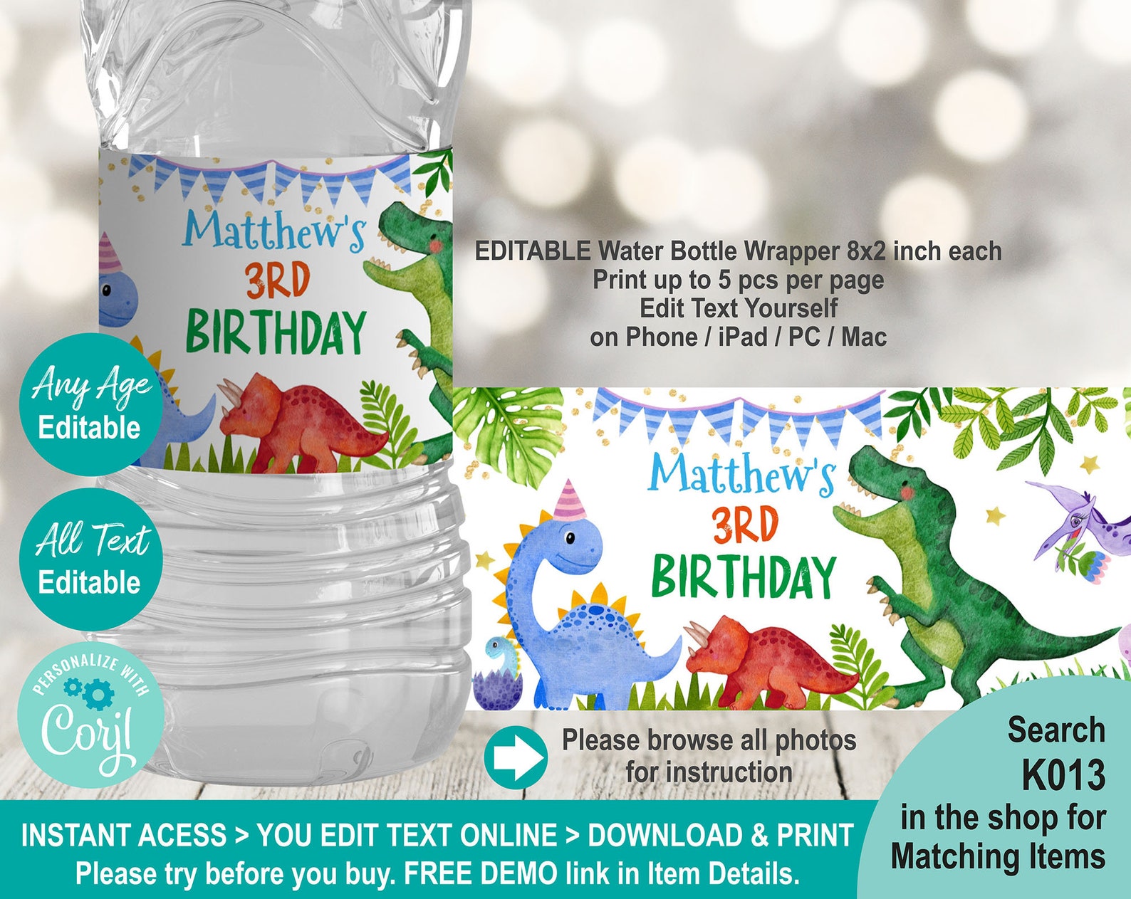 EDITABLE Dinosaur Water Bottle Label Template. Printable - Etsy