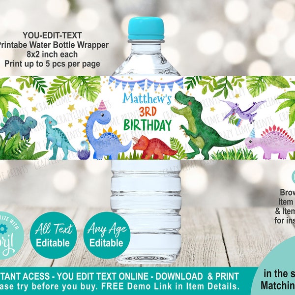 EDITABLE Dinosaur Water Bottle Label Template. Printable Watercolour Kid Birthday Party Favor (Any Age) Personalised Table Decor Corjl K133