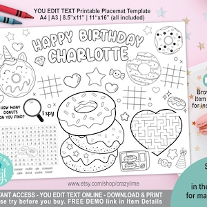 EDITABLE Donut Birthday Party Placemat. Personalised Coloring & Game Table Decoration. Kid Girl Favors. Printable Digital File. Corjl 2039