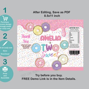 May include: A colorful birthday party invitation with a donut theme. The design features the text "Amelia is Two Sweet" with donut illustrations and sprinkles. The invitation is designed to be edited and saved as a PDF.