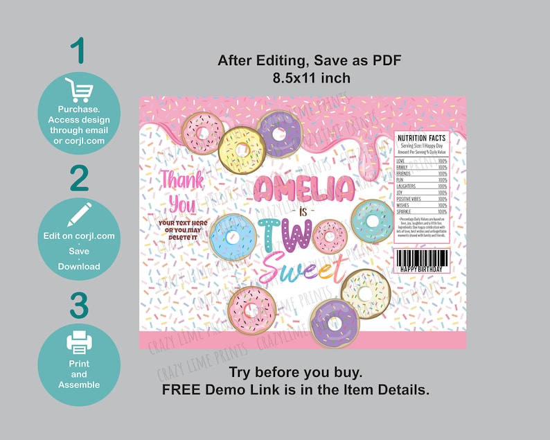 May include: A colorful birthday party invitation with a donut theme. The design features the text "Amelia is Two Sweet" with donut illustrations and sprinkles. The invitation is designed to be edited and saved as a PDF.