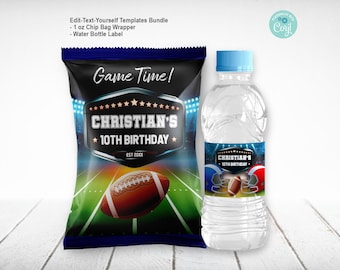 EDITABLE Football Birthday Party Favors Bundle Set 2 Templates. Boy Kid Touchdown Chip Bag Water Bottle Wrappers Treats Labels. Helmets K169