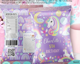 EDITABLE Purple Unicorn Chip Bag Wrapper Template. Pastel Rainbow Girl Birthday Party Favors Candy Crisp Treat Label. You Edit Name Age K142