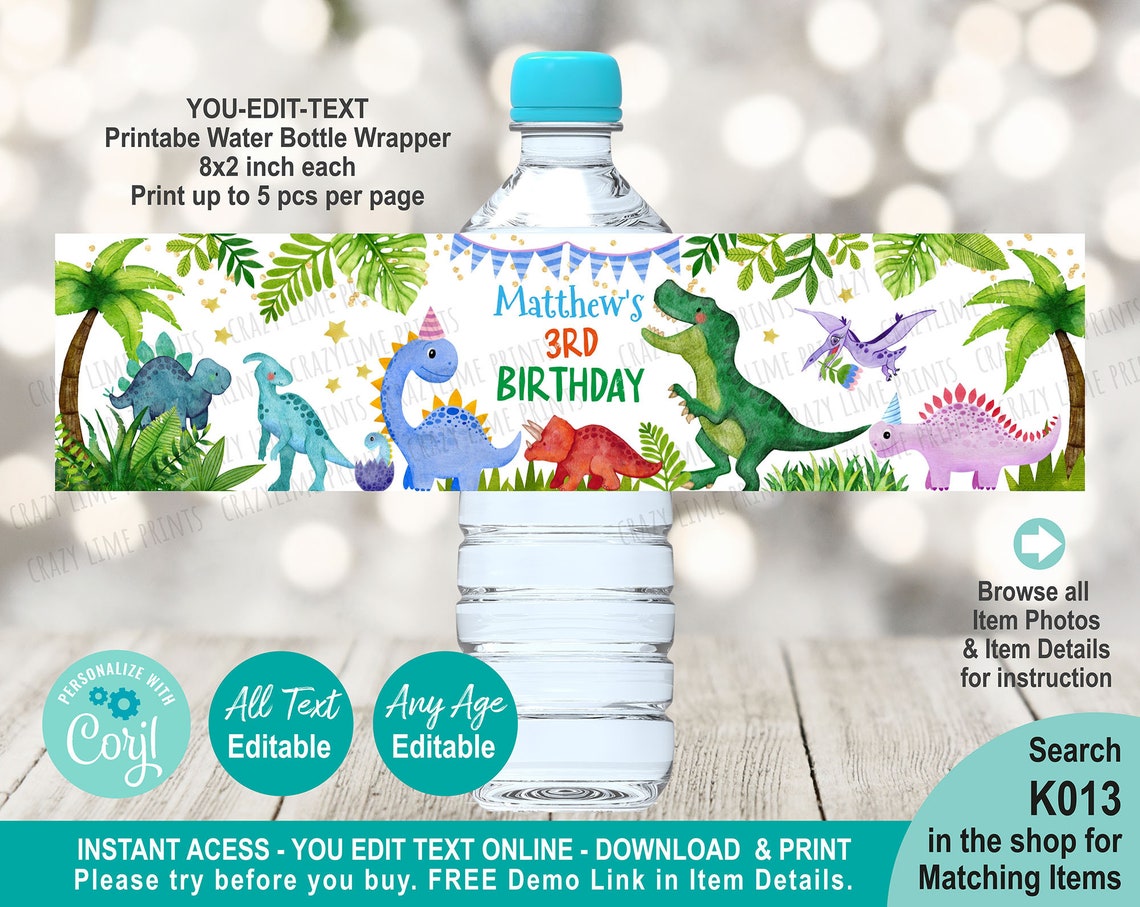 EDITABLE Dinosaur Water Bottle Label Template. Printable - Etsy