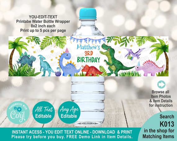 EDITABLE Dinosaur Water Bottle Label Template. Printable - Etsy