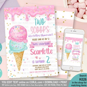 Ice Cream Birthday Invitation. Icecream 2 Scoops Girl 2nd Birthday Party Here's the Scoop EDITABLE Invite Watercolor Printable Download K026