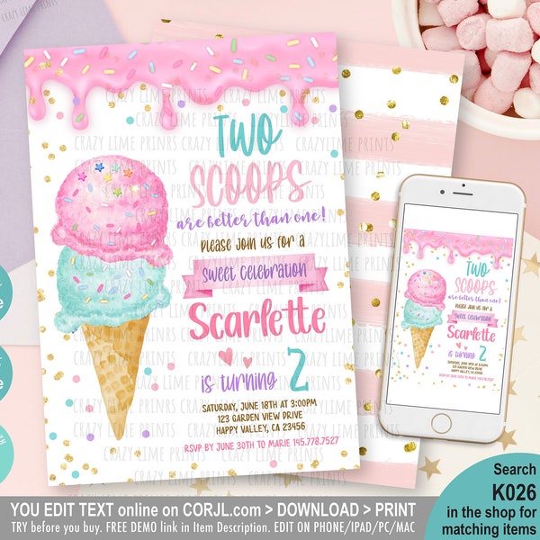 Ice Cream Birthday Invitation. Icecream 2 Scoops Girl 2nd Birthday Party Here's the Scoop EDITABLE Invite Watercolor Printable Download K026