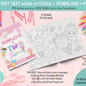 EDITABLE Icecream Two Sweet 2nd Birthday Party Coloring Book. 8.5 x 11 inch (5.5 x 8.5 inch after folding) Pink Girl Activity Booklet K037