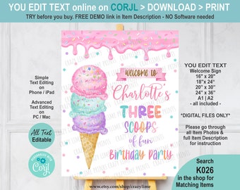 EDITABLE Ice Cream Three Scoops of Fun 3rd Birthday Party Welcome Sign Template. Poster Decoration Printable Instant Download Pink K026