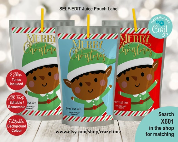 EDITABLE Elf Christmas Juice Pouch Label You Edit w/ Corjl Kids Party Favor X601 Printable Capri Sun Kool-Aid Juice Bag Label Template