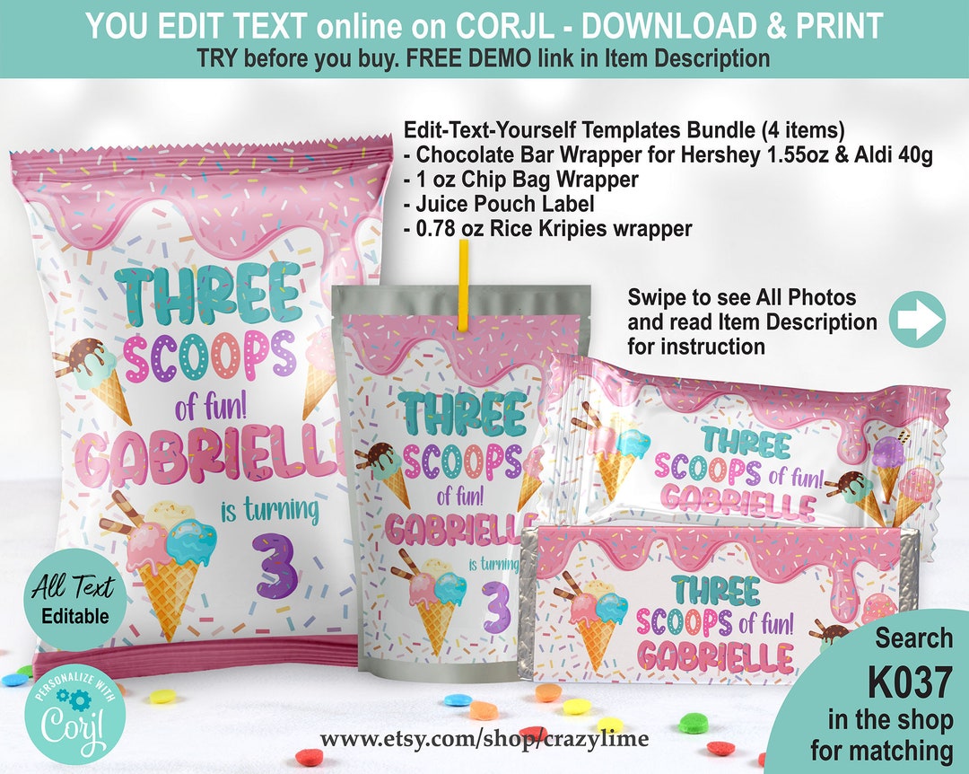 EDITABLE Ice Cream Three Scoops of Fun 3rd Birthday Party Favors Bundle