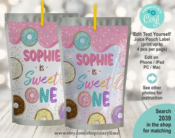 EDITABLE Donut Sweet One 1st Birthday Juice Pouch Label. Printable Kit Fruit Juice Bag Label Template. Girl Kids Party Favor Sticker 2039