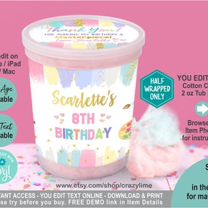 EDITABLE Pastel Art Party Cotton Candy 2 oz Tub Label. Any Age Birthday Personalised Party Favor Container Wrapper Printable. Corjl K011