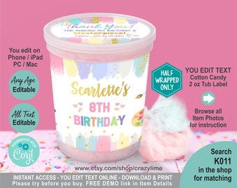 EDITABLE Pastel Art Party Cotton Candy 2 oz Tub Label. Any Age Birthday Personalised Party Favor Container Wrapper Printable. Corjl K011