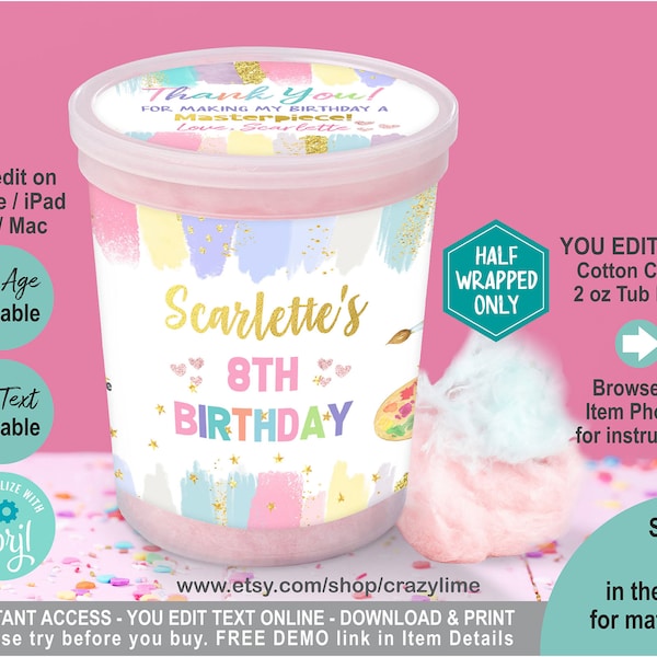 EDITABLE Pastel Art Party Cotton Candy 2 oz Tub Label. Any Age Birthday Personalised Party Favor Container Wrapper Printable. Corjl K011