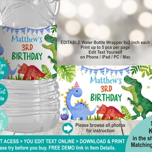 EDITABLE Dinosaur Water Bottle Label Template. Printable Watercolour ...